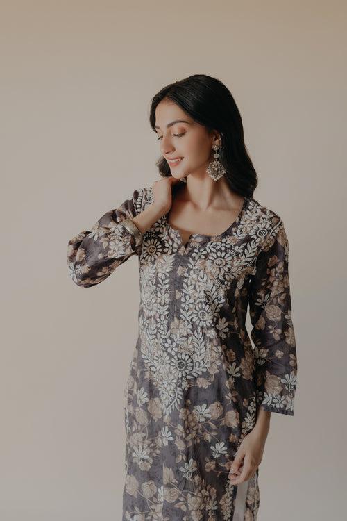 Ruhi Grey Mulmul Chikankari Printed Kurta