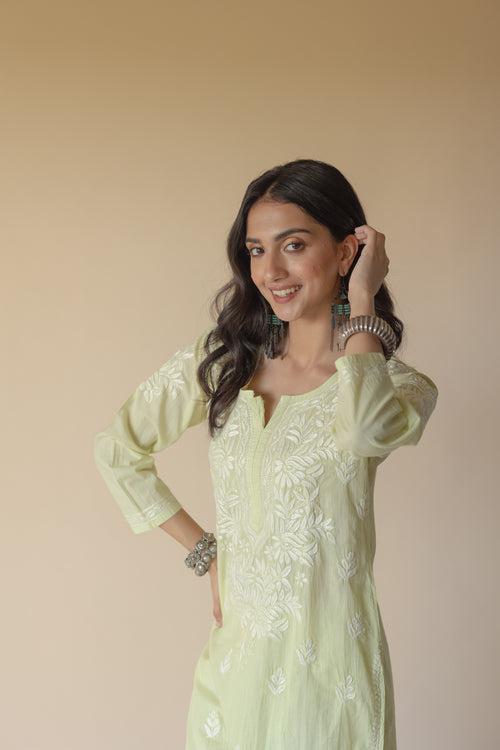 Adara Cotton Green Hand Embroidered Chikankari Kurta