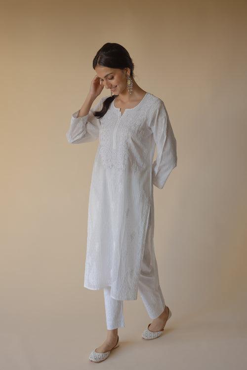 Shiza White Dobby Cotton Hand Embroidered Chikankari Kurta