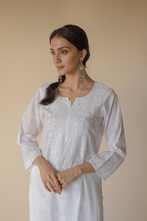 Shiza White Dobby Cotton Hand Embroidered Chikankari Kurta