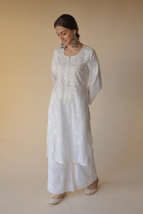 Noori Cotton White Hand Embroidered Chikankari Kurta