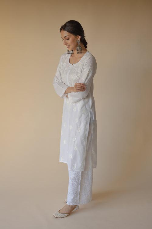 Noori Cotton White Hand Embroidered Chikankari Kurta