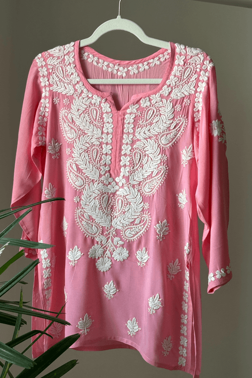 Adeela Dark Pink Modal Hand Embroidered Short Chikankari Kurti