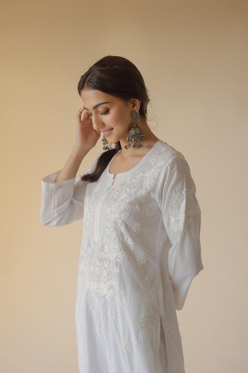 Noori Cotton White Hand Embroidered Chikankari Kurta