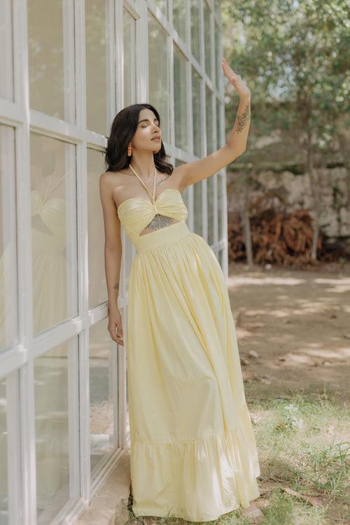 Penelope Lime Yellow Halter Maxi Dress