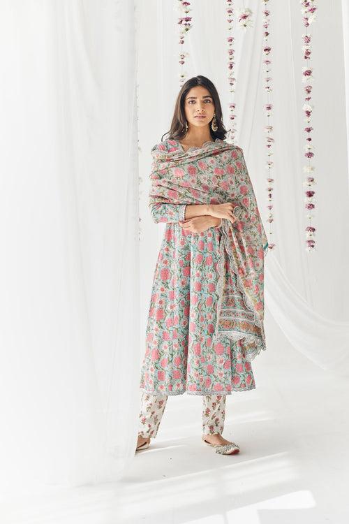 Falak Pink & Blue Printed Cotton Anarkali, Pant & Dupatta Set