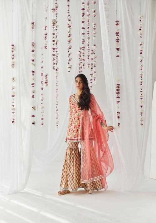 Raahat Peach Printed Cotton Gharara Set of 3