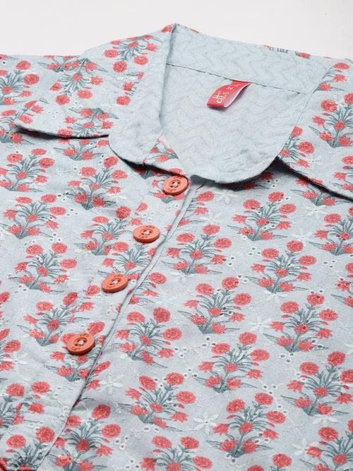 Floral Grey Motifs Printed Kurta & Pyjamas