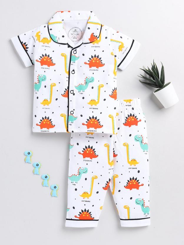 Dino White Cotton Half Sleeve Nightwear Set