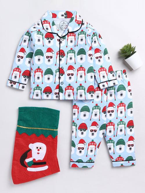 Christmas Graphic Print Blue Full Sleeve Nightwear Set