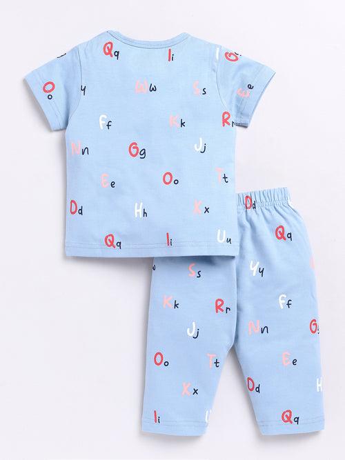 Blue Alphabet Print Half Sleeve Night Suit