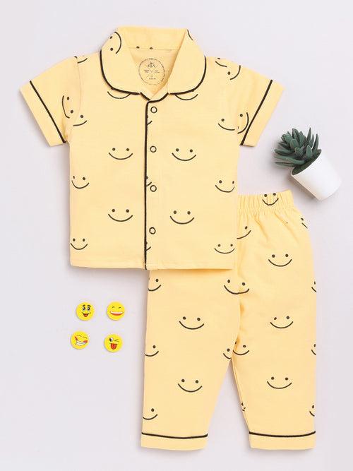 Yellow Smiley Print Half Sleeve Night Suit