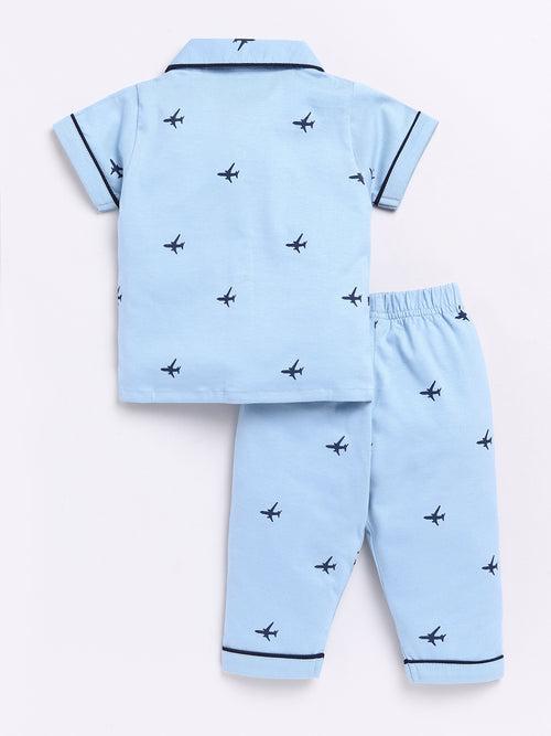 Blue Airplane Print Half Sleeve Night Suit