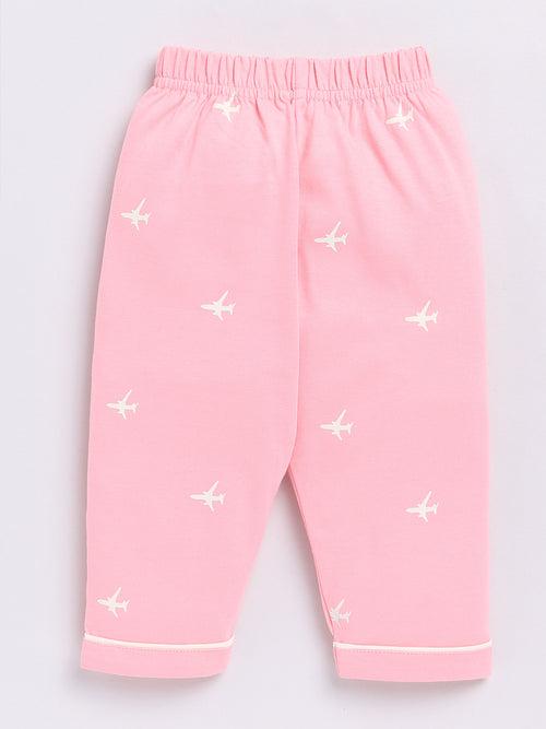 Pink Airplane Print Half Sleeve Night Suit