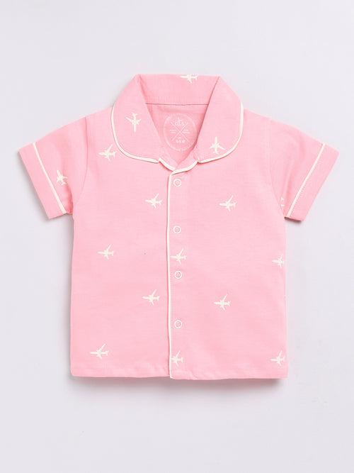 Pink Airplane Print Half Sleeve Night Suit