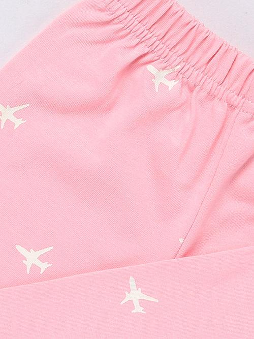 Pink Airplane Print Half Sleeve Night Suit