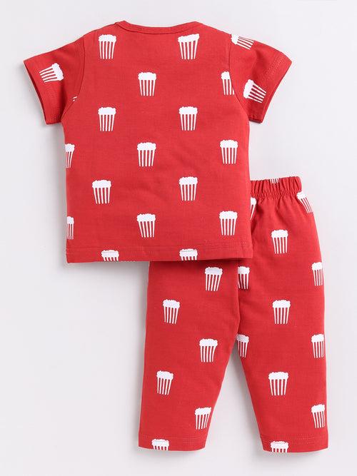 Red Popcorn Print Half Sleeve Night Suit