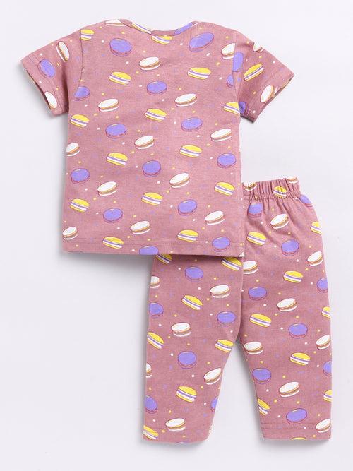 Brown Donut Print Half Sleeve Night Suit