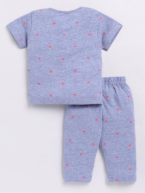 Blue Hearts Print Half Sleeve Night Suit