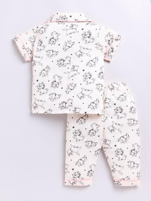 Cream Kitty Print Half Sleeve Night Suit
