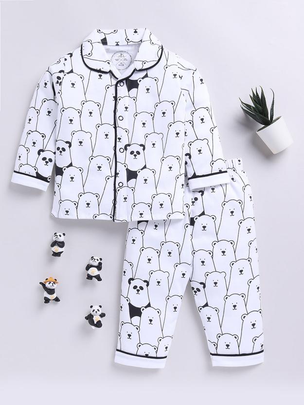 White Panda Print Full Sleeve Night Suit