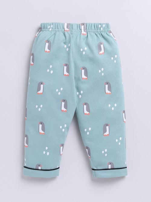 Teal Penguin Print Full Sleeve Night Suit