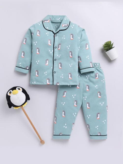 Teal Penguin Print Full Sleeve Night Suit