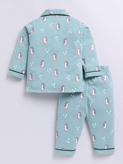 Teal Penguin Print Full Sleeve Night Suit