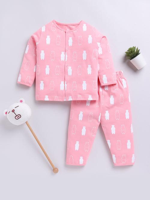 Pink Bear Print Full Sleeve Night Suit