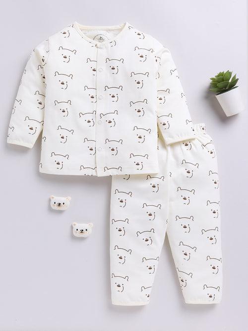 Cream Bear Print Full Sleeve Night Suit