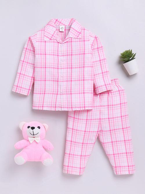 Pink Checked Full Sleeve Night Suit