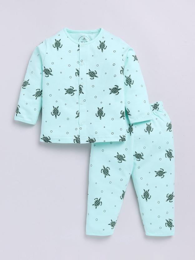 Sea Green Turtle Print Full Sleeve Night Suit