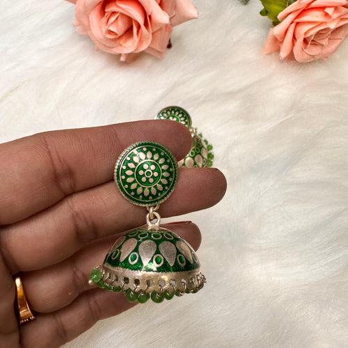 NIPUN.Enamelled jhumkas in green.