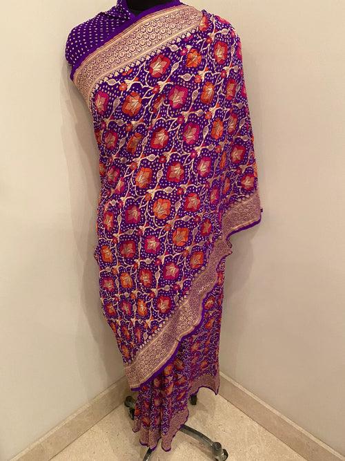 Pure Georgette Saree x Bandhej x Minakari x Purple