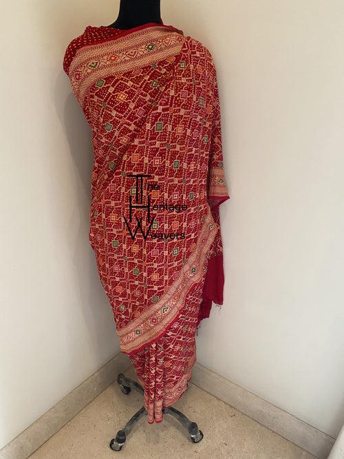 Pure Georgette Saree x Bandhej x Minakari x Red