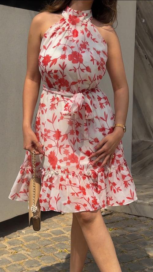 Red Halter Neck Floral Printed Dress