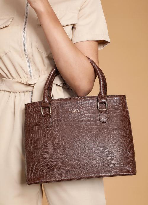 Jiha Brown Croc Pattern Satchel Handbag / Sling Bag