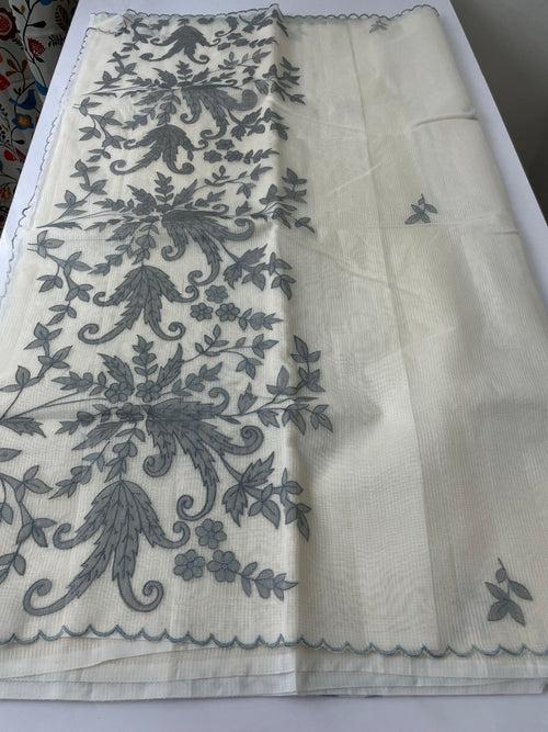 Kota cotton saree with applique work MKAS1326 OffWhite & Grey