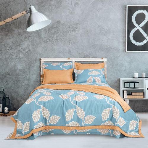 Teal Blue and Gold with Botanic Print Bedding