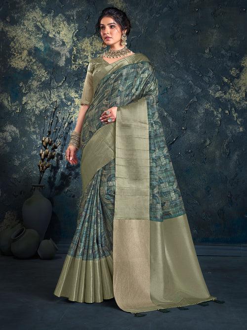 Multi & Green Soft Raw Silk Saree