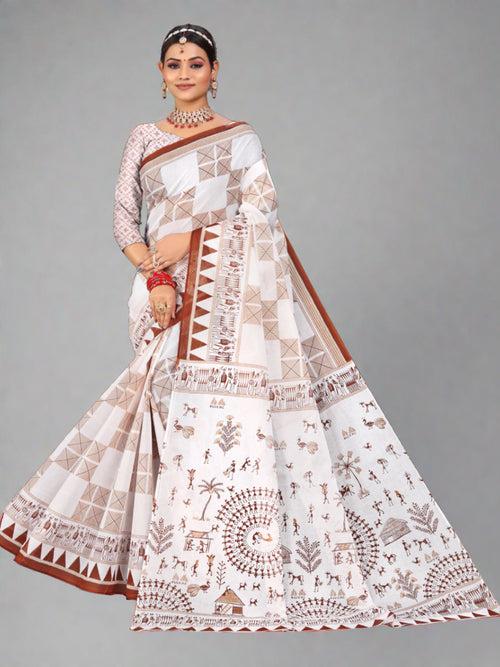 White & Brown Cotton Saree