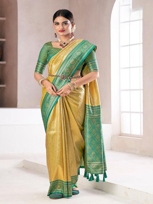 Yellow & Rama Green Banaras Tissue Saree