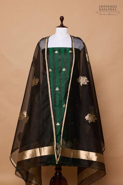 Black Green Handwoven Banarasi Silk Suit Piece