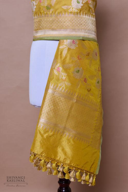 Greenish Yellow Handwoven Banarasi Silk Dupatta