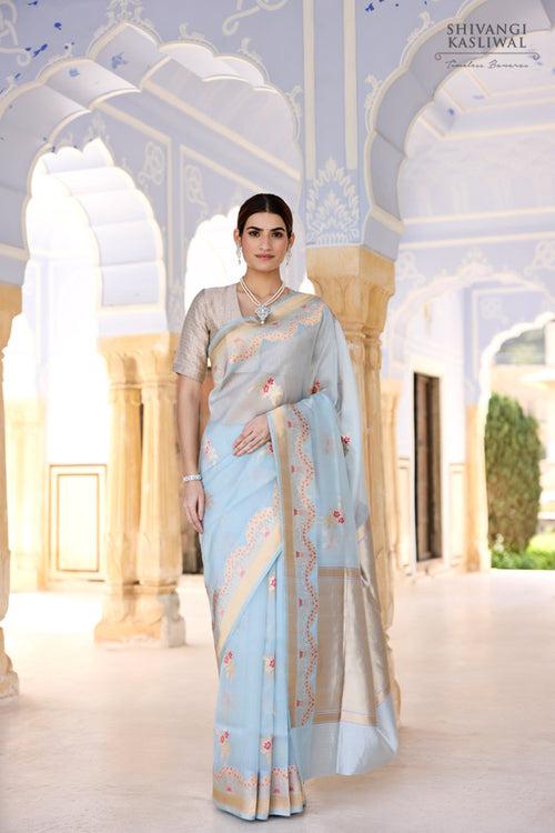 Powder Blue Handwoven Banarasi Kadhua Organza Silk Saree