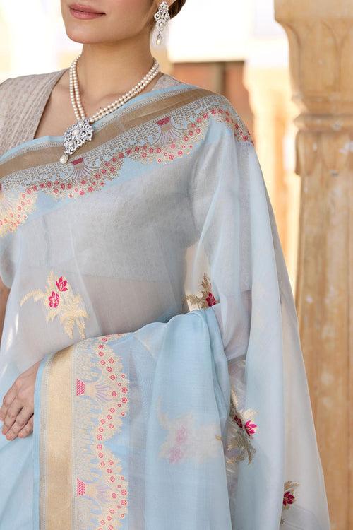 Powder Blue Handwoven Banarasi Kadhua Organza Silk Saree