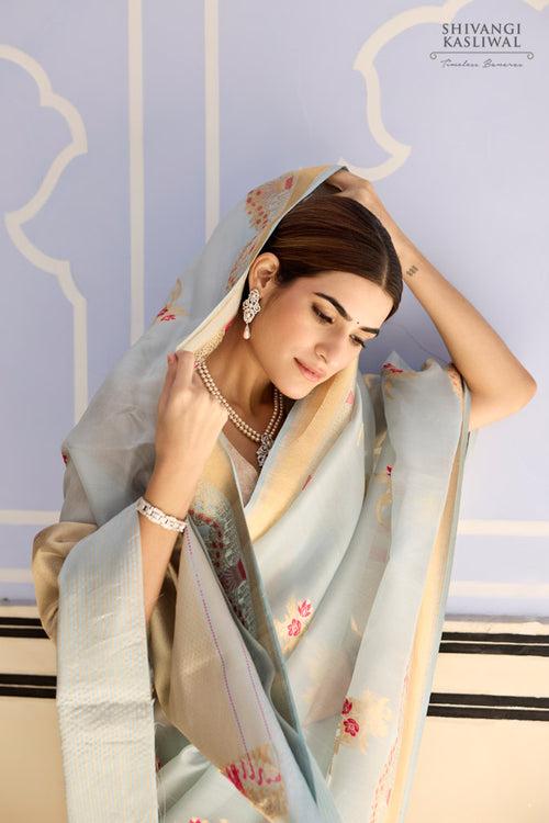 Powder Blue Handwoven Banarasi Kadhua Organza Silk Saree