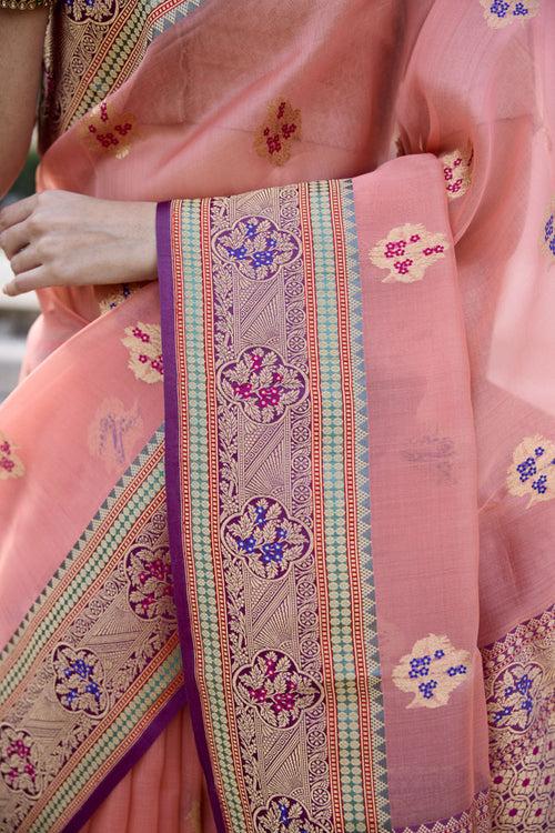 Peach Handwoven Banarasi Kadhua Organza Silk Saree