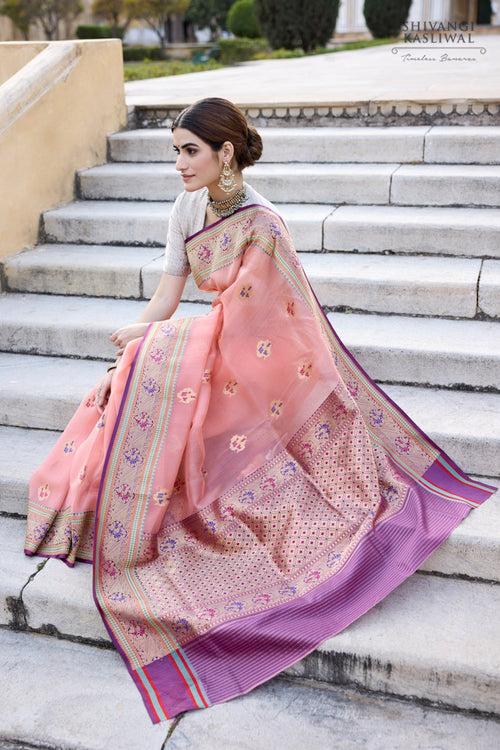 Peach Handwoven Banarasi Kadhua Organza Silk Saree