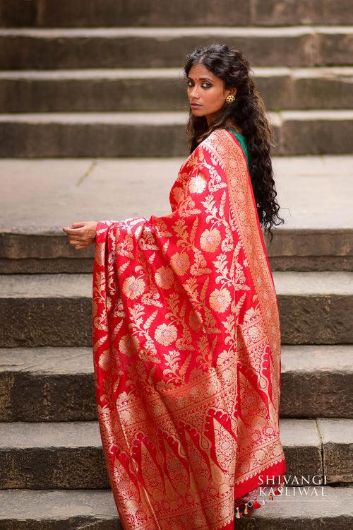 Red Handwoven Banarasi Kadhua Silk Saree